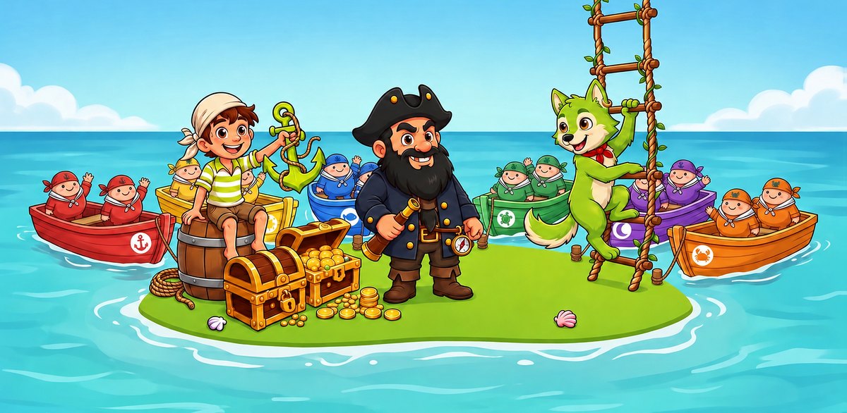 Captain Barba, cabin boy Pip, Moon the sea wolf and the colorful crew on a treasure island