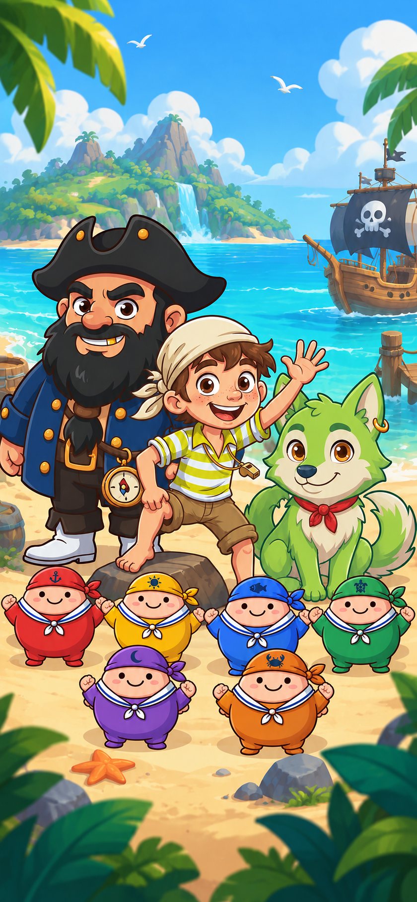 Captain Barba, cabin boy Pip, Moon the sea wolf and the colorful crew on a sunny beach